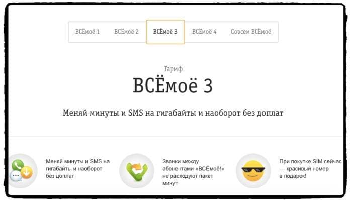 Тариф Билайн ВсёМоё 3 (скриншот с официального сайта оператора)